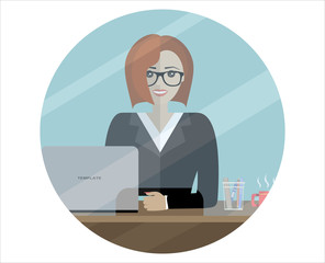 Woman clerk in a bank office. Flat vector