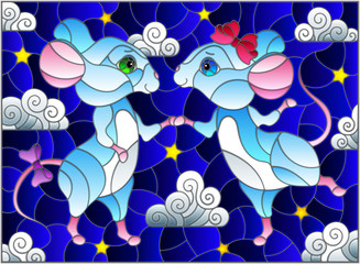 Illustration in stained glass style with a pair of dancing mice on the background of the starry sky and clouds