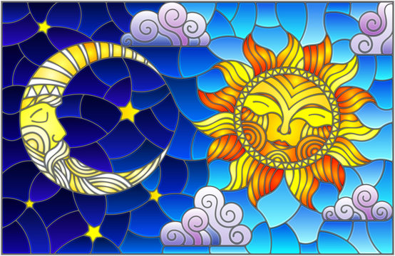 Illustration in stained glass style , abstract sun and moon in the sky