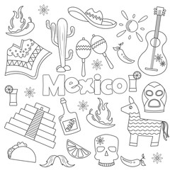 Obraz premium Illustration with a set of icons on the theme of travel in Mexico,simple dark hand drawn icons on white background