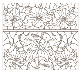 Set of contour stained glass illustrations with bouquets of flowers, horizontal  oriented, dark outlines on white background