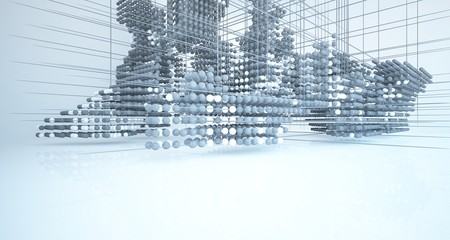 Abstract architectural concrete  interior  from an array of spheres with large windows. 3D illustration and rendering.