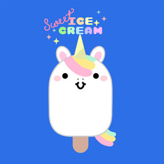 Cute cartoon ice cream with unicorn. In kawaii style with smiling face and pink cheeks. For sweet design. Vector illustration.