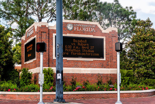 Gainesville, USA - April 26, 2018: Sign For Entrance To UF University Of Florida In Central State With Sports Baseball