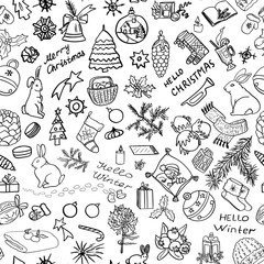 Seamless pattern of doodle style. Black elements for Christmas on a white background. Background for wrapping paper, greeting cards, invitations for Christmas and New Year.