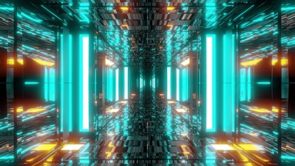 stylish scifi tunnel corridor with reflective bricks texture and glowing lights 3d illustration background wallpaper