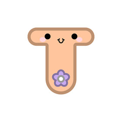 Cute cartoon letter T smiling face with eyes and mouth on white background. Cute ABC design for book cover, poster, card, print on baby's clothes, pillow etc. Vector illustration