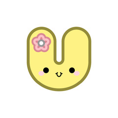 Cute cartoon letter U smiling face with eyes and mouth on white background. Cute ABC design for book cover, poster, card, print on baby's clothes, pillow etc. Vector illustration