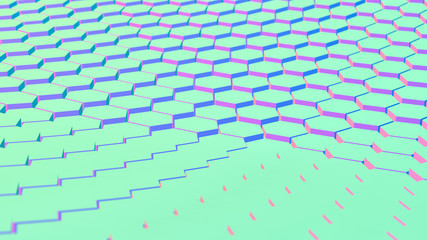 Abstract 3D geometric background; hexagonal wavy pattern; green, pink and blue honeycomb floor 3d rendering, 3d illustration