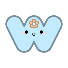 Cute cartoon letter W smiling face with eyes and mouth on white background. Cute ABC design for book cover, poster, card, print on baby's clothes, pillow etc. Vector illustration