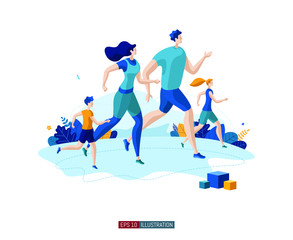 Trendy flat illustration. Sport Time concept. Running man, woman and children. Happy Family. Template for your design works. Vector graphics.