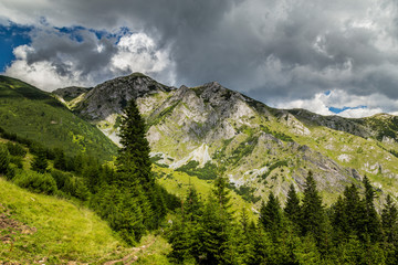 Fototapeta na wymiar Beautiful mountain scenery in the Transylvanian Alps in summer, with storm clouds