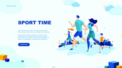 Trendy flat illustration. Sport Time page concept. Running man, woman and children. Happy Family. Template for your design works. Vector graphics.