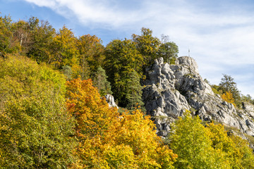 High rocks in the village Essing in Bavaria, Germany at the Altmuehl river