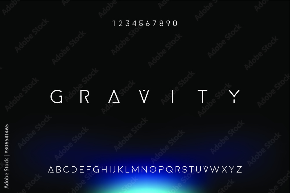 Poster gravity. abstract technology science alphabet font. digital space typography vector illustration des