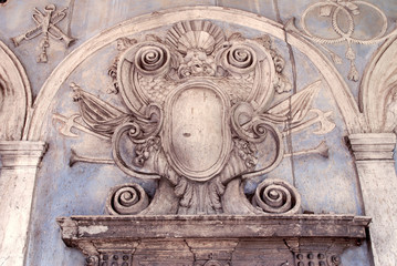 Coat of arms over doors in Pidgoretsky Castle. Lviv region, Ukraine