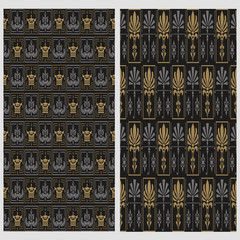 Art Deco Patterns. Two modern background patterns in retro style. Seamless vector backgrounds. Set of patterns. Colors in the image: black, silver, gold. Exquisite graphic design. Vector.