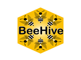 Beehive bees fly in a hexagon for logo design illustration on white background