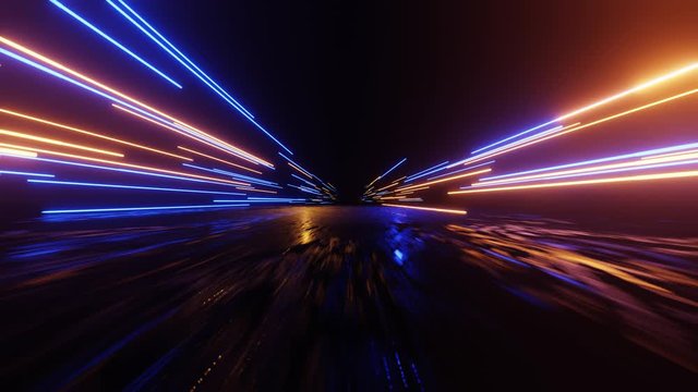 Horizontal glowing lines move in space. Abstract fluorescent background. Hyperspace. Neon background. 4K loop animation.