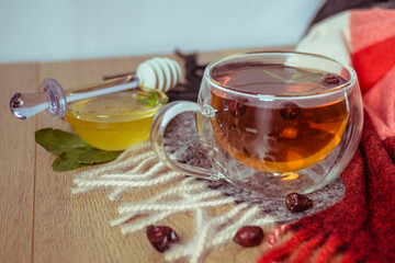 Dried rose-hip berries and rosehip tea on the rustic table. In a glass cup tea of rosehip and leaves mint. Medicinal plants and herbs composition. Autumn and winter season background. Close up