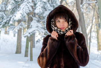 beautiful young brunette in a brown fur coat, in the park on a frosty winter day