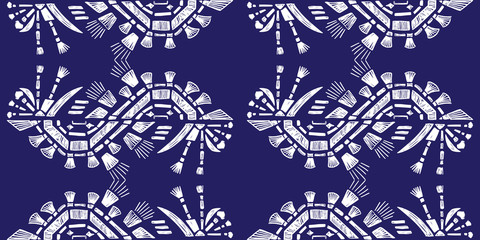 Drapery ikat navajo motif etnic white tribal ornamentalpattern on blue background. Surface background design for cotton fashion. Textile fabric ornament future rug.