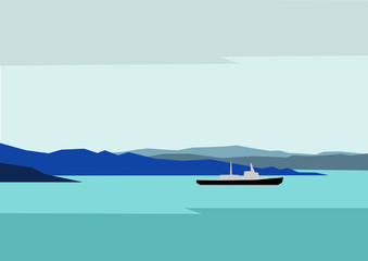 Simple northern landscape - blue hills silhouettes and cold sea with ship (icebreaker). Vector background.