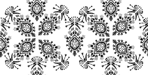 Fototapeta na wymiar Ikat pattern etnic indian ornamental black and white illustration. Navajo motif texture ornate design for surface print.