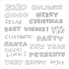 Fototapeta na wymiar Set of hand written words about New Year an Christmas - 'party', 'holiday', 'Santa' and so on. Design elements. Black text isolated on white background.