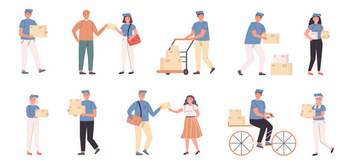 Deliverymen and addressees flat vector illustrations set. Parcel delivery, shipping service. People with mailings, couriers and consignees cartoon characters bundle isolated on white background - obrazy, fototapety, plakaty