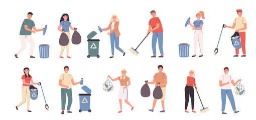 Volunteer work, city cleaning, trash collection flat vector illustrations set. Social project, territory cleaning. Volunteers, tidying up people cartoon characters bundle isolated on white background