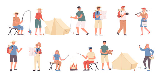 Fototapeta na wymiar Camping trip, leisure at nature, eco friendly rest flat vector illustrations set. Fishing, campfire, mushroom picking. Campers, resting people cartoon characters bundle isolated on white background