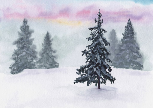 Morning in the winter forest. Watercolor hand drawn painting, good for Christmas end new year decoration with copy space.