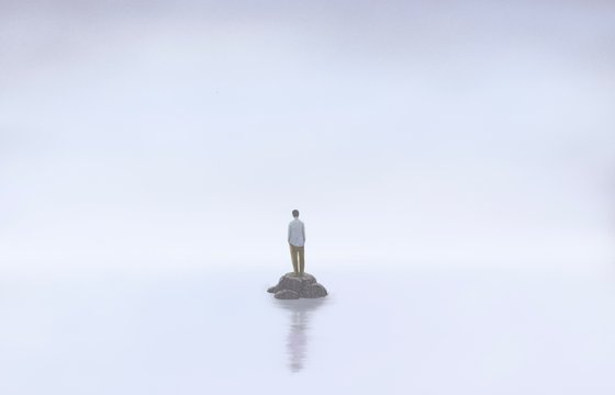 Man alone with the sea, lonely, depression, sad, surreal painting illustration, artwork
