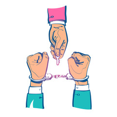 Break free sketch design. Prisoner release. Freedom concept. Man in handcuffs. Key is in the hands of freedom. Vector illustration. Isolated on white background. Unlocking handcuffs. End of arrest.