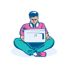 Young human with a laptop and headphones works on the Internet. Vector illustration sketch design. Isolated on white background. Creative person works with a computer. Man on a social network.