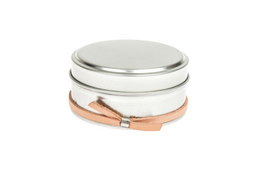 Metal container with lid, for multiple use; Photo on white background.