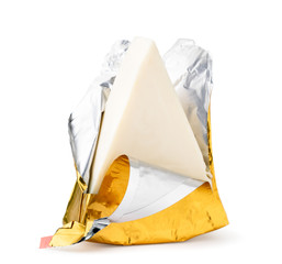 Cheese in the foil, package open on a white. Isolated.