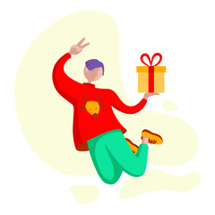 2020 New year man delivering gift for business partner. Cute boy illustration in modern colors and clothes running for Christmas party. Present for Santa Claus holidays.
