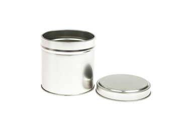 Metal container with lid, for multiple use; Photo on white background.