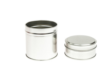Metal container with lid, for multiple use; Photo on white background.