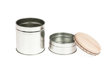 Metal container with lid, for multiple use; Photo on white background.