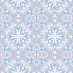 Vector traditional seamless vintage pink, white and blue square floral Greek ornament, Meander