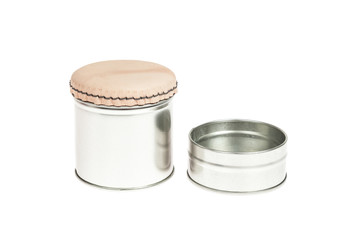 Metal container with lid, for multiple use; Photo on white background.