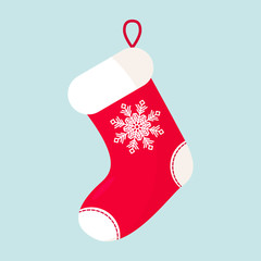 Christmas sock with white snowflake.. Flat icon on a white background. Vector illustration.