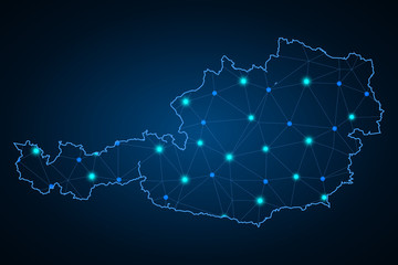 Abstract mash line and point scales on dark background with Map of austria. Wire frame 3D mesh polygonal network line, design sphere, dot and structure. communications map of austria. Vector. - Vector