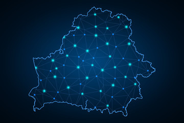 Map of Belarus from Polygonal wire frame low poly mesh, contours network line, luminous space stars, design sphere, dot and structure. Vector Illustration EPS10. - Vector