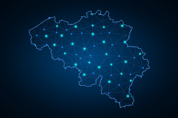 Abstract mash line and point scales on dark background with Map of belgium. Wire frame 3D mesh polygonal network line, design sphere, dot and structure. communications map of belgium. Vector. - Vector