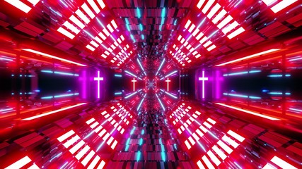 Naklejka premium glowing futuristic scifi tunnel corridor with holy glowing christian cross symbol 3d illustration background wallpaper