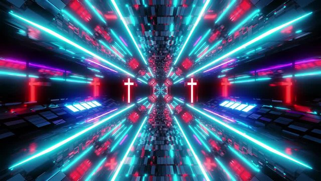 glowing futuristic scifi tunnel corridor with holy glowing christian cross symbol 3d illustration motion background live wallpaper vj loop